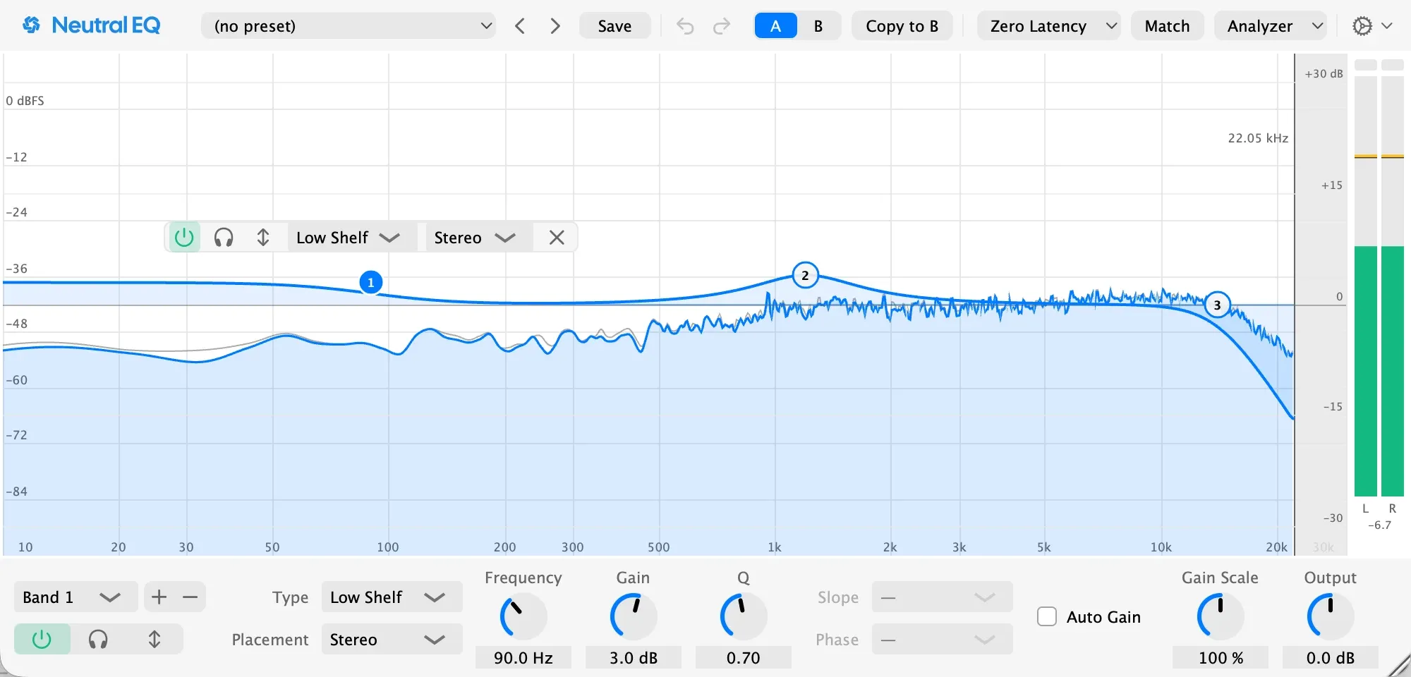 Neutral EQ open in a host, with a curve drawn over the live spectrum
